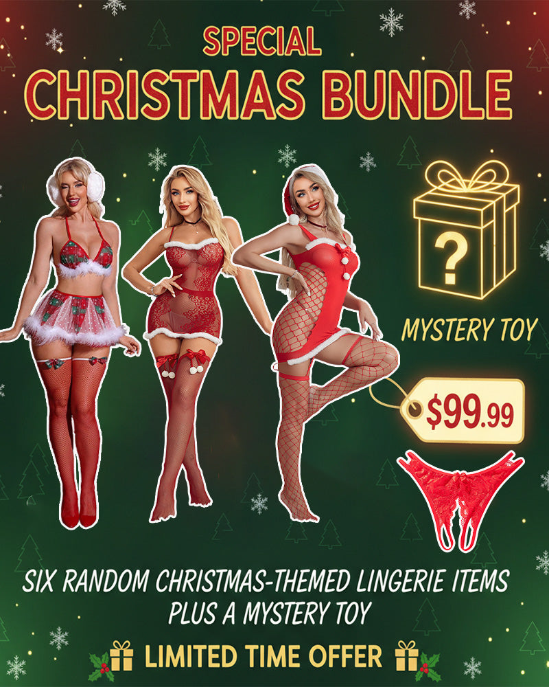 Special Christmas bundle graphic showing red fishnet lingerie looks and thigh-high stockings