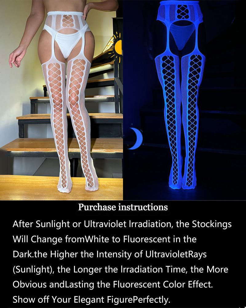 Crotchless luminous lace stockings, white cutout design with neon-blue glow view