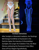 Crotchless luminous lace stockings, white cutout design with neon-blue glow view
