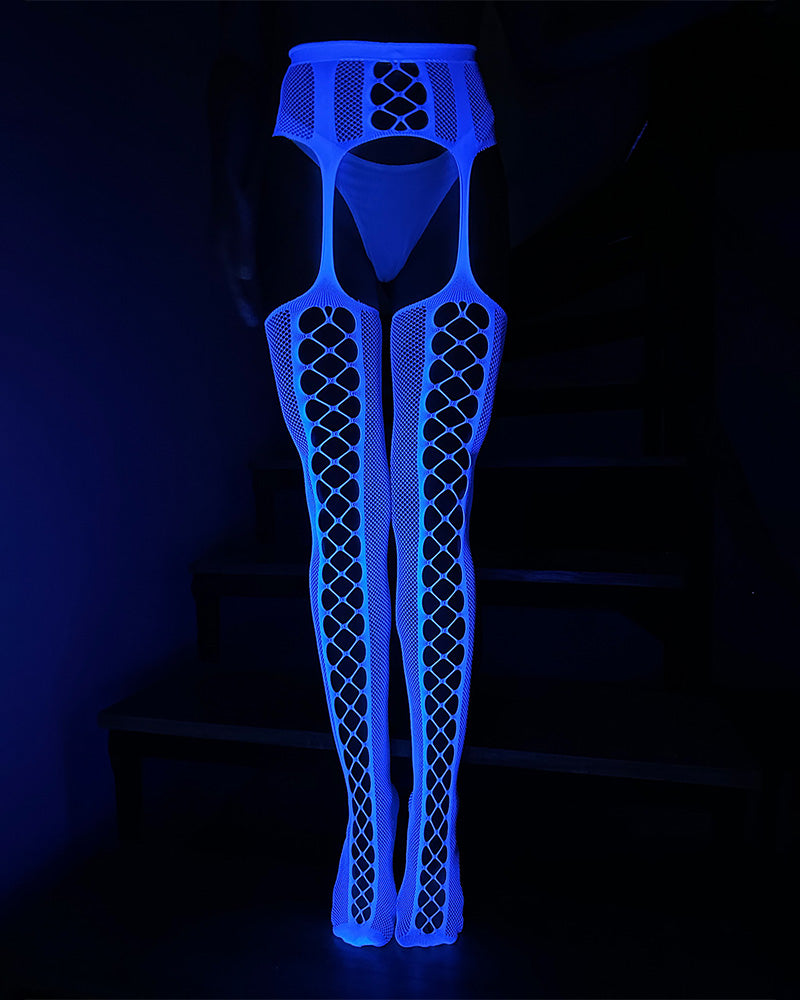 Crotchless luminous lace garter stockings, neon-blue glowing fishnet legs
