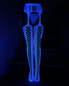 Crotchless luminous lace garter stockings, neon-blue glowing fishnet legs