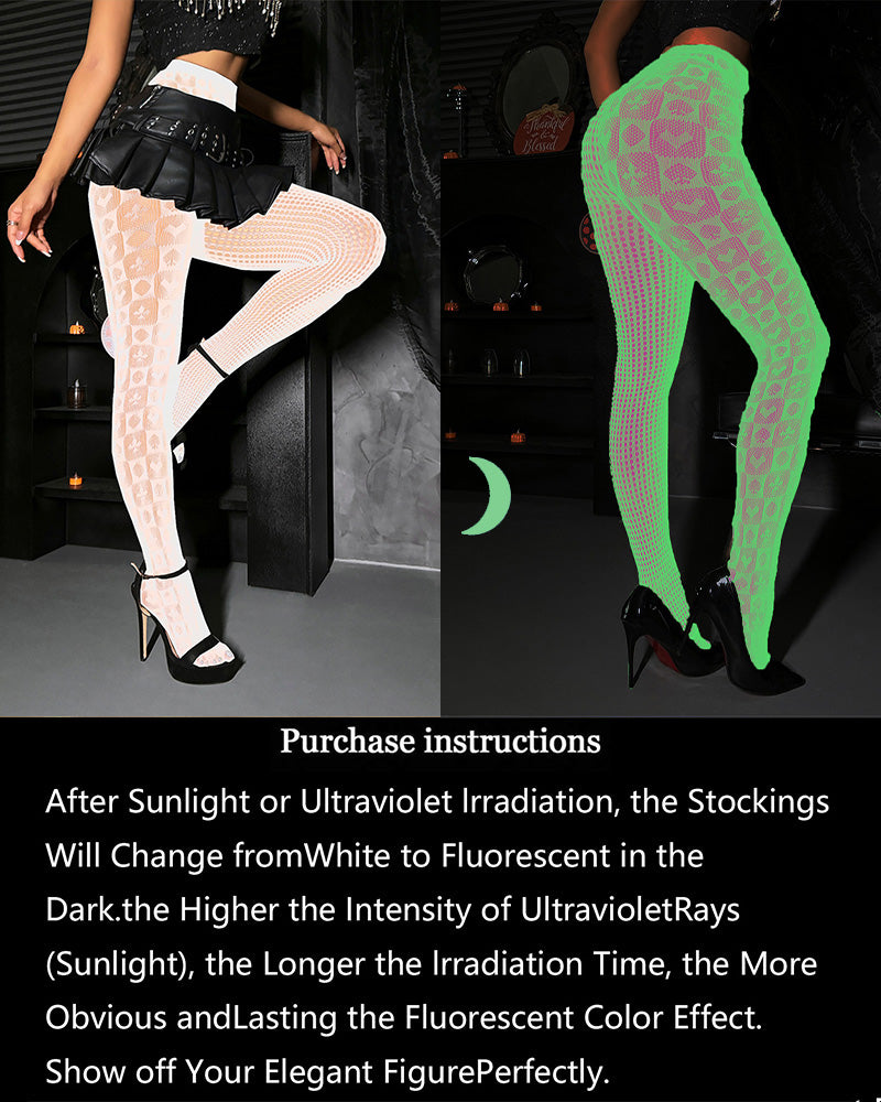 Nylon stockings in white and neon green with geometric heart pattern, sheer legs