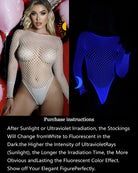 Fishnet long-sleeve bodysuit shown in white and neon-blue glow