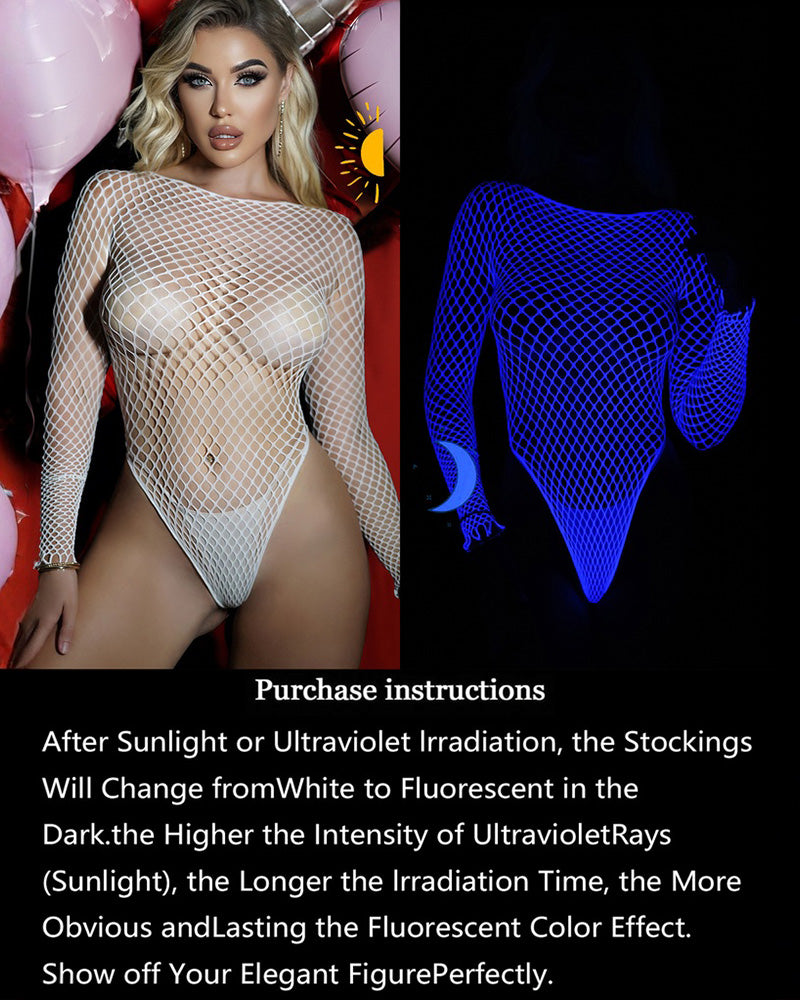 Fishnet long-sleeve bodysuit shown in white and neon-blue glow
