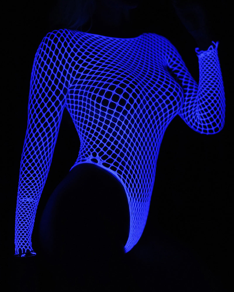 Neon-blue fishnet long-sleeve bodysuit with cutout back and high-cut leg