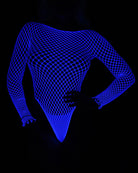 Neon-blue fishnet long-sleeve bodysuit with deep V back and cheeky cut