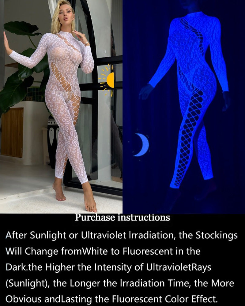 Glow-in-the-dark fishnet body stocking with long sleeves and open lattice pattern