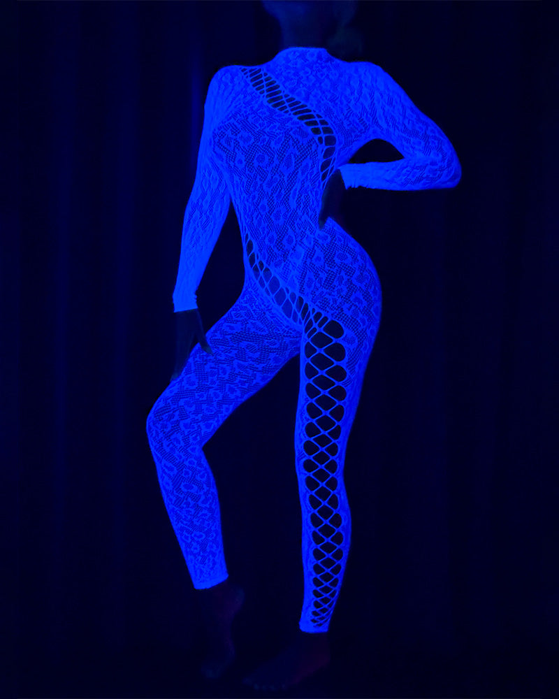 Glow-in-the-dark fishnet body stocking with long sleeves and open lattice cutouts, blue