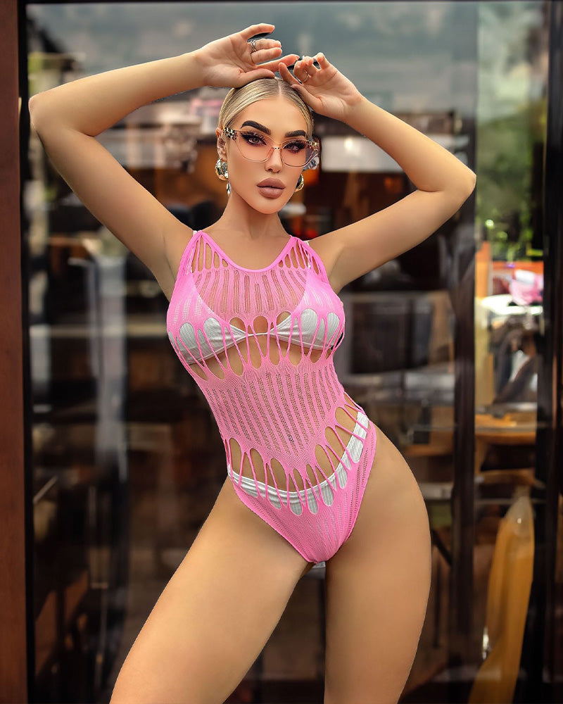 Pink stretch bodysuit with scoop neck, glow effect, and draped lattice cutouts