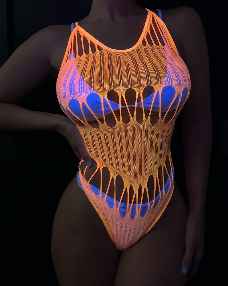 Orange and blue glow knit bodysuit with teardrop cutouts and thin straps