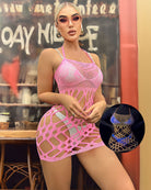 Pink halter fishnet mini dress with openwork panels and cutout lattice design