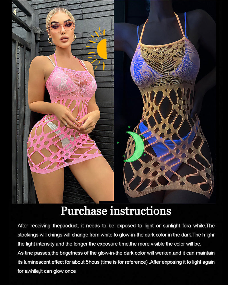 Pink glow-in-the-dark fishnet mini dress with halter straps and lattice cutouts