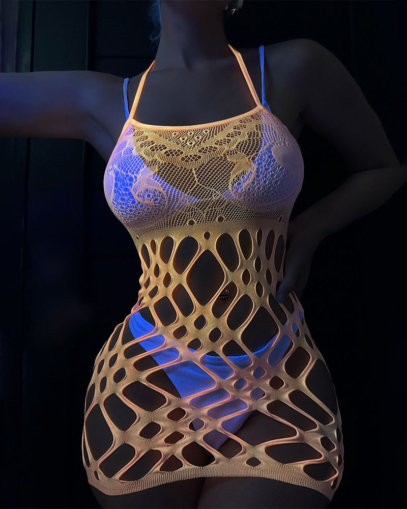 Glow-in-the-dark fishnet mini dress with halter straps, blue and gold light effect