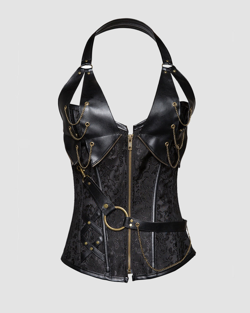 Black lace-up leather corset with halter straps, center front zip, chain accents, waist belt