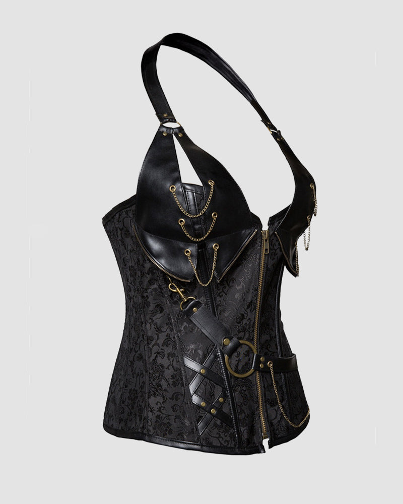 Black lace-up leather corset with halter straps, side chains, studded front detailing