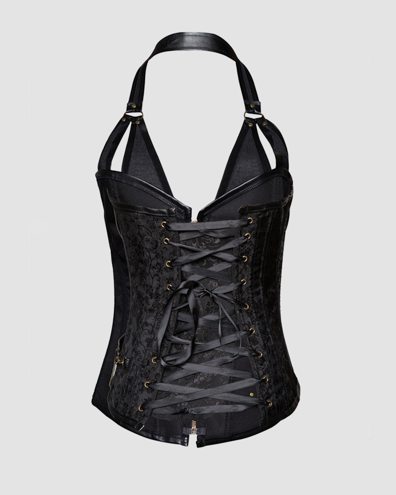 Black lace-up leather corset with front lacing, shoulder straps, gold-tone hardware