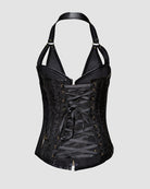 Black lace-up leather corset with front lacing, shoulder straps, gold-tone hardware