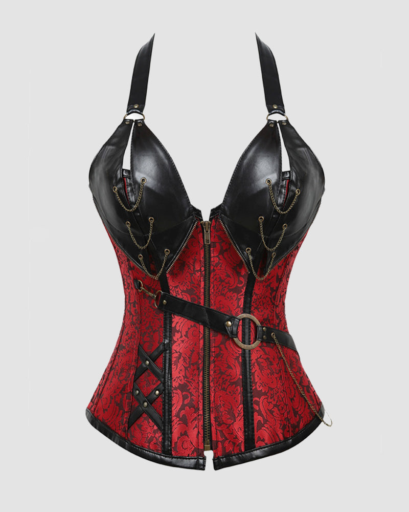 Red and black lace-up leather corset with steel-boned look, chain straps, waist belt