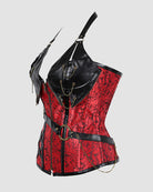 Red and black lace-up leather corset with black leather panels, chain accents, shoulder straps