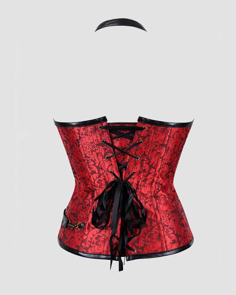 Red lace-up leather corset with black front lacing, studded trim, structured waist