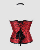 Red lace-up leather corset with black front lacing, studded trim, structured waist