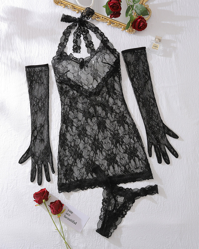 Black sheer lace slip dress with matching lace gloves, flat lay set