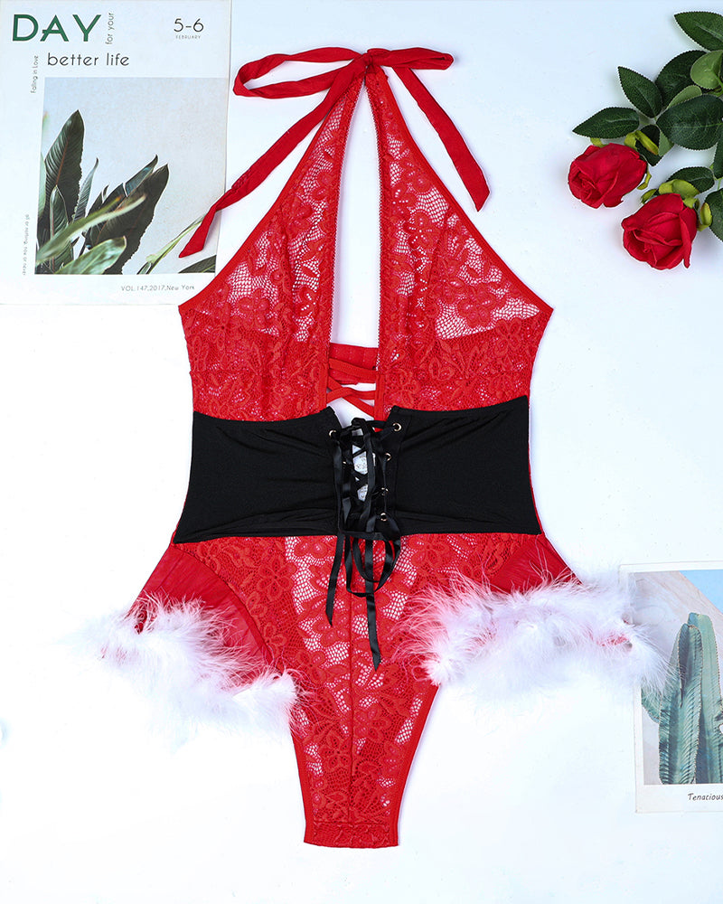Red lace halter bodysuit with black lace-up panel and white fuzzy trim