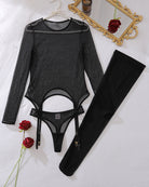 Black sheer long-sleeve fishnet top, cutout panty, and thigh-high stockings set