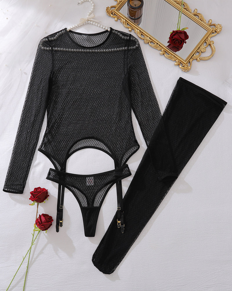 Black sheer long-sleeve fishnet top, cutout panty, and thigh-high stockings set