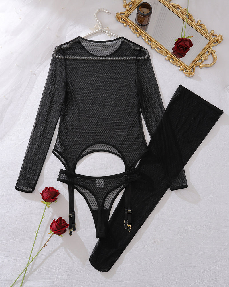 Black sheer long-sleeve fishnet bodysuit with cutout panty and thigh-high stockings set