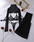 Black sheer long-sleeve 4-piece lingerie set pieces: mesh top, underwire bra, thong, stockings