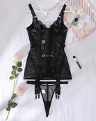 Black lace corset set with wide front panels and garter straps plus thong