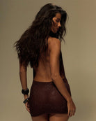 Coffee halter neck draped mesh mini dress with deep open back and sparkle mesh