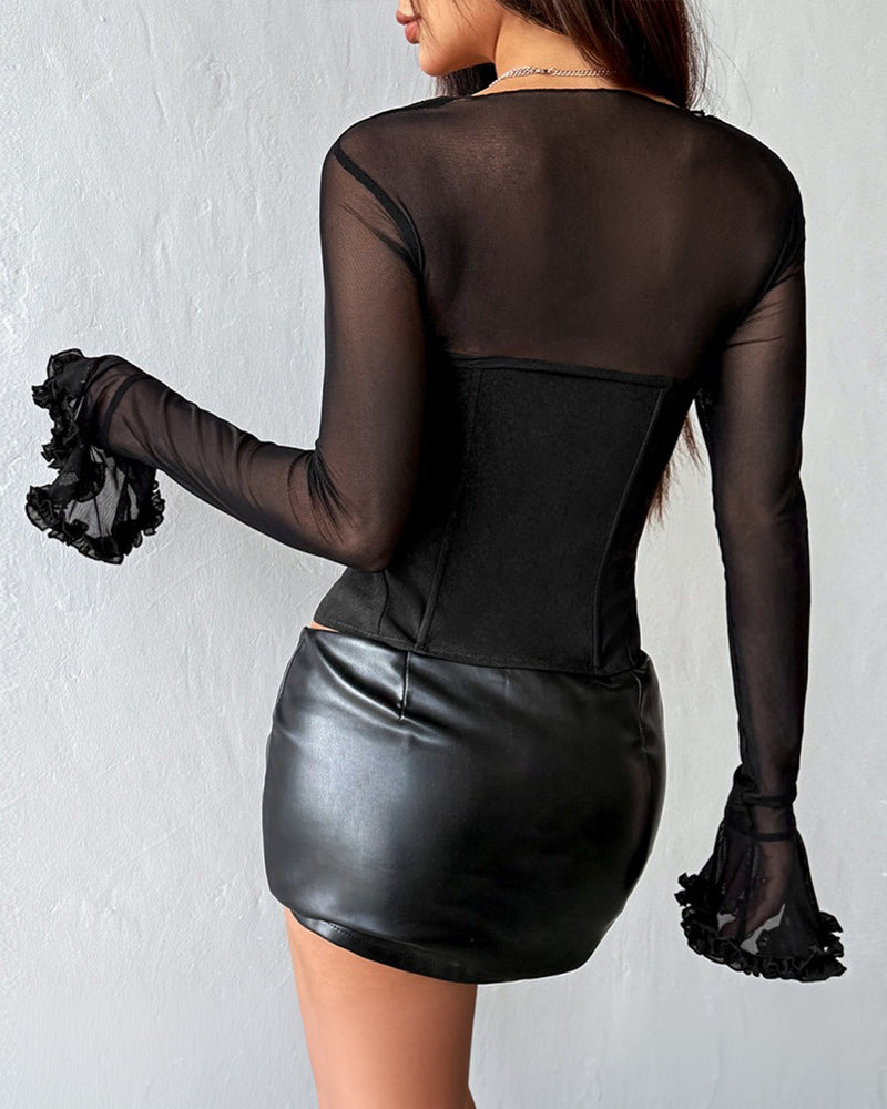 Black mesh corset back view with structured lace-up front panel and long sheer ruffle cuffs