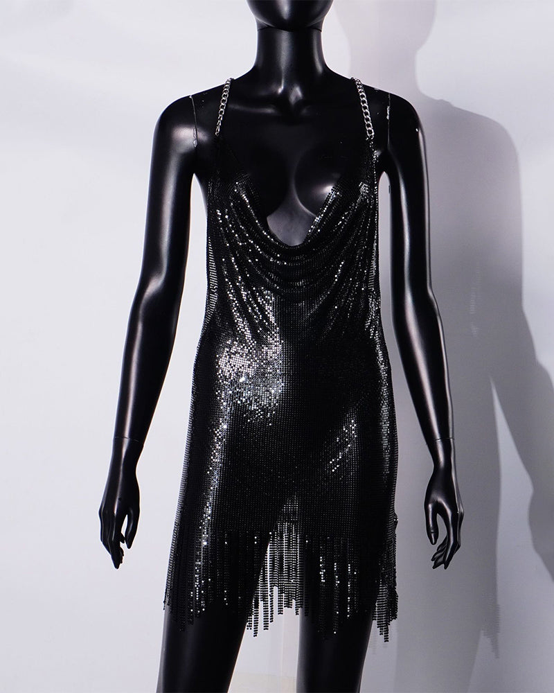 Metallic chainmail backless mini dress, black sequin V-neck with layered fringe