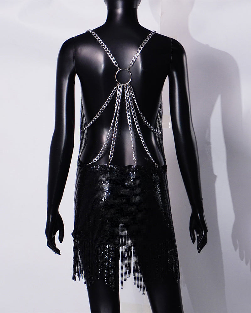 Metallic chainmail backless mini dress, black back with ring clasp and hanging fringe