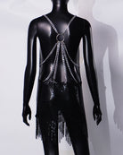 Metallic chainmail backless mini dress, black back with ring clasp and hanging fringe