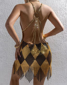 Metallic patchwork backless mini dress, gold diamond back with chain straps and fringe