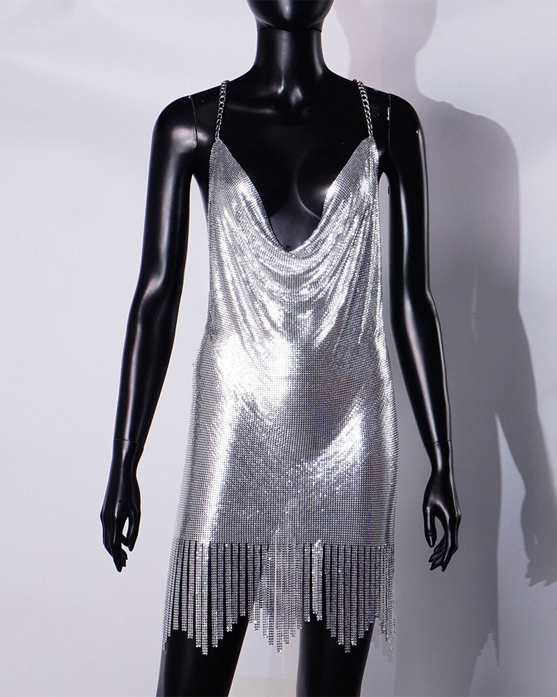 Metallic chainmail backless mini dress, silver sequin V-neck with hanging fringe