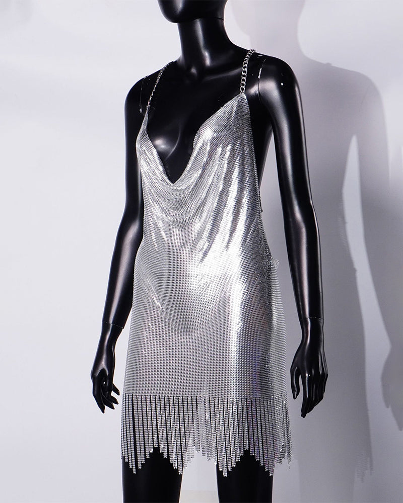 Metallic chainmail backless mini dress, silver sequin V-neck and draping fringe tassels