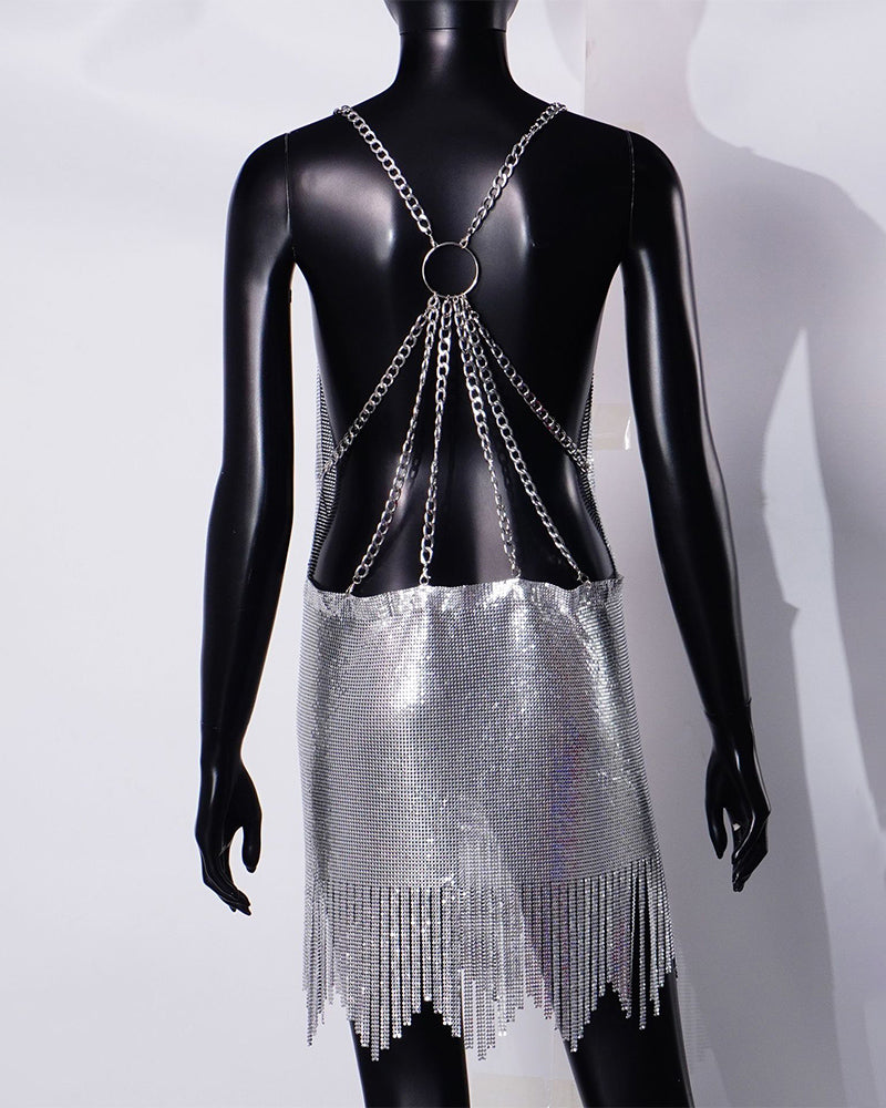 Metallic patchwork backless dress with halter-style chain straps, silver fringe skirt