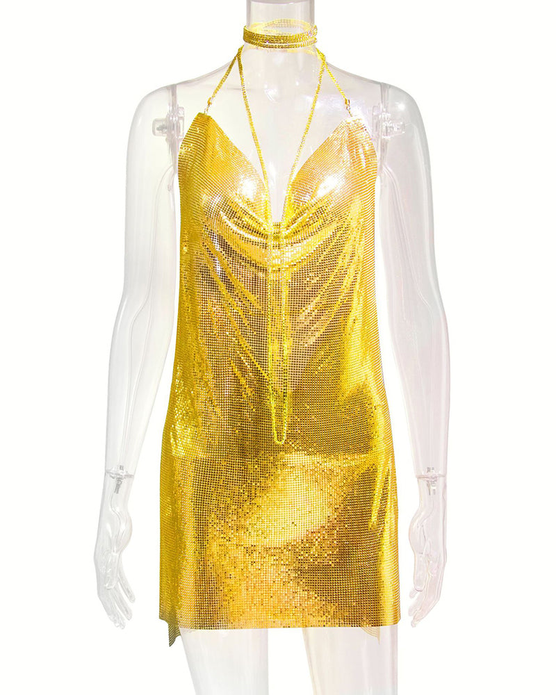 Gold metallic halter mini dress with draped mesh overlay and open back