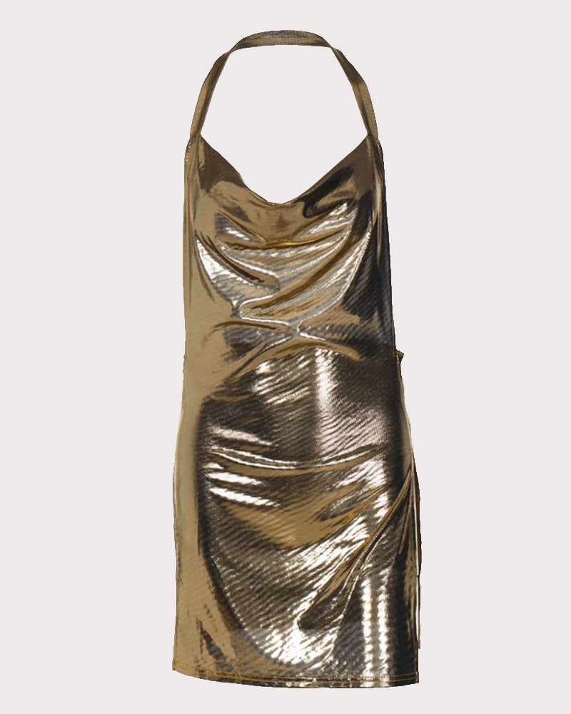 Gold metallic halter mini dress with draped cowl front and side slit