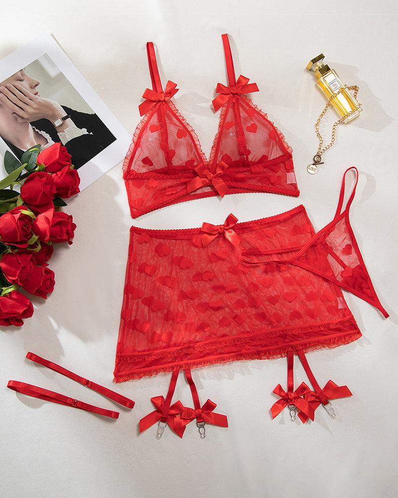 Red heart mesh bra and side-tie mini skirt set with bow garter straps and ties