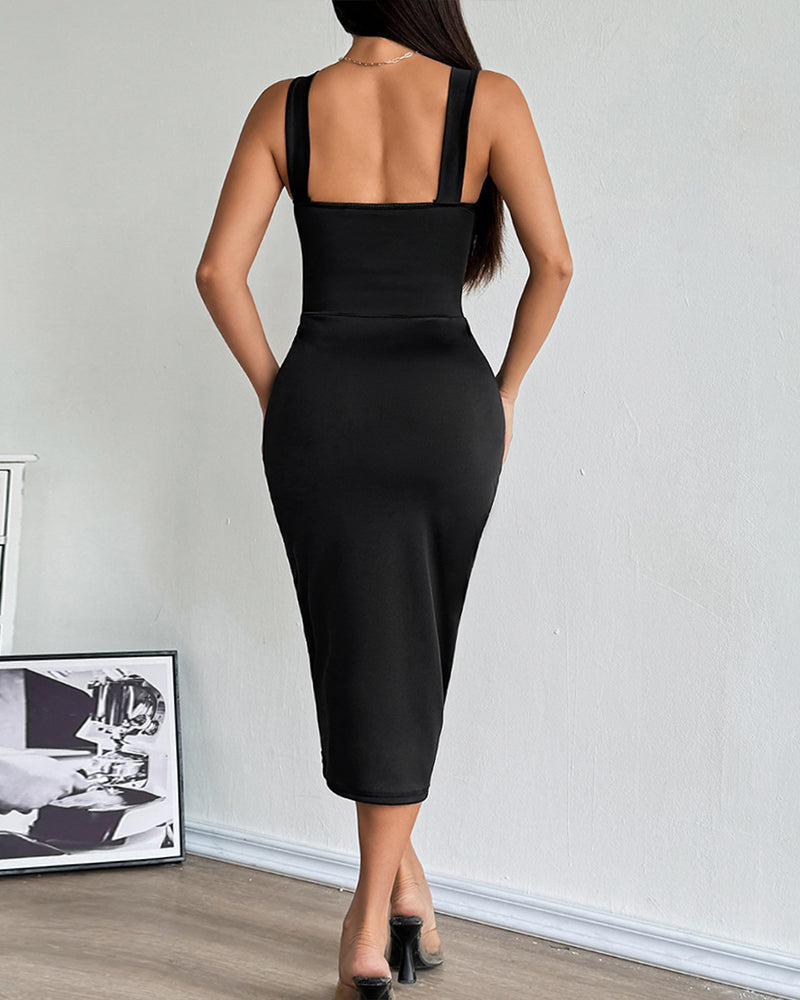 Black midi dress with square back and fitted ruched silhouette