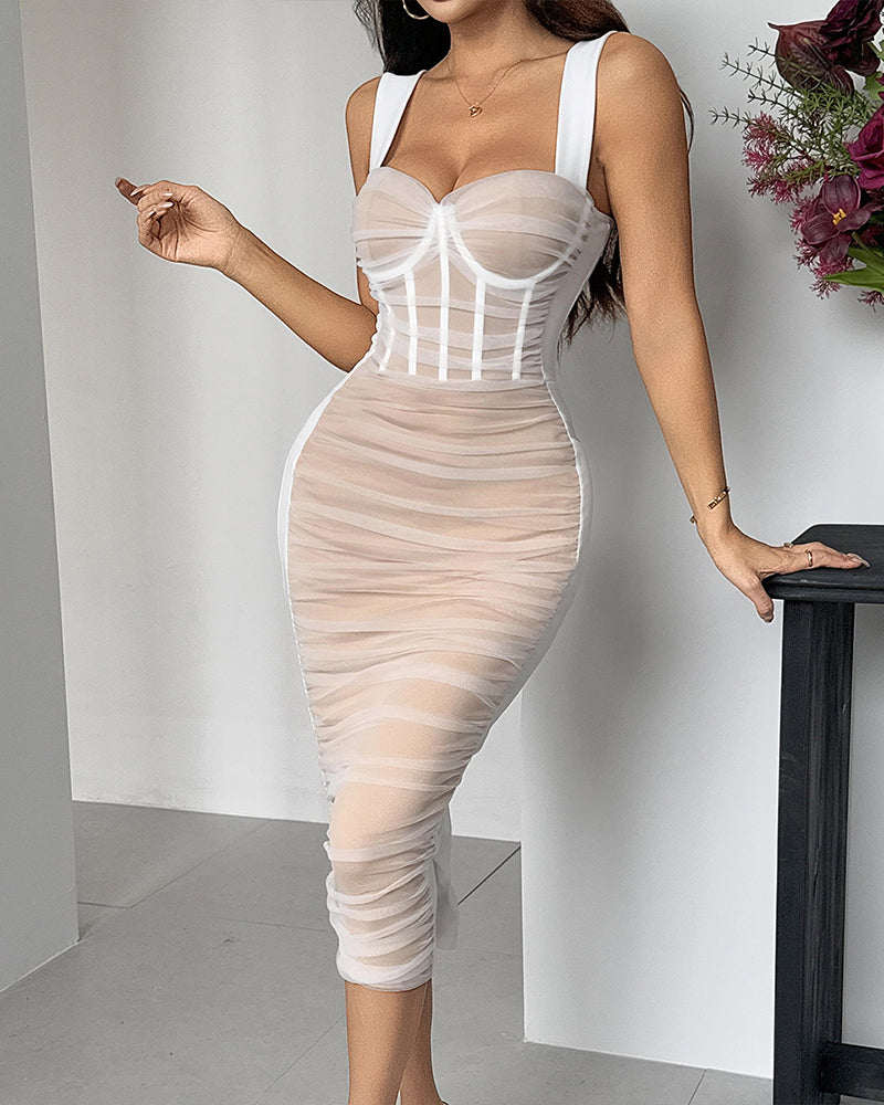White sweetheart midi dress with corset straps and ruched mesh panels