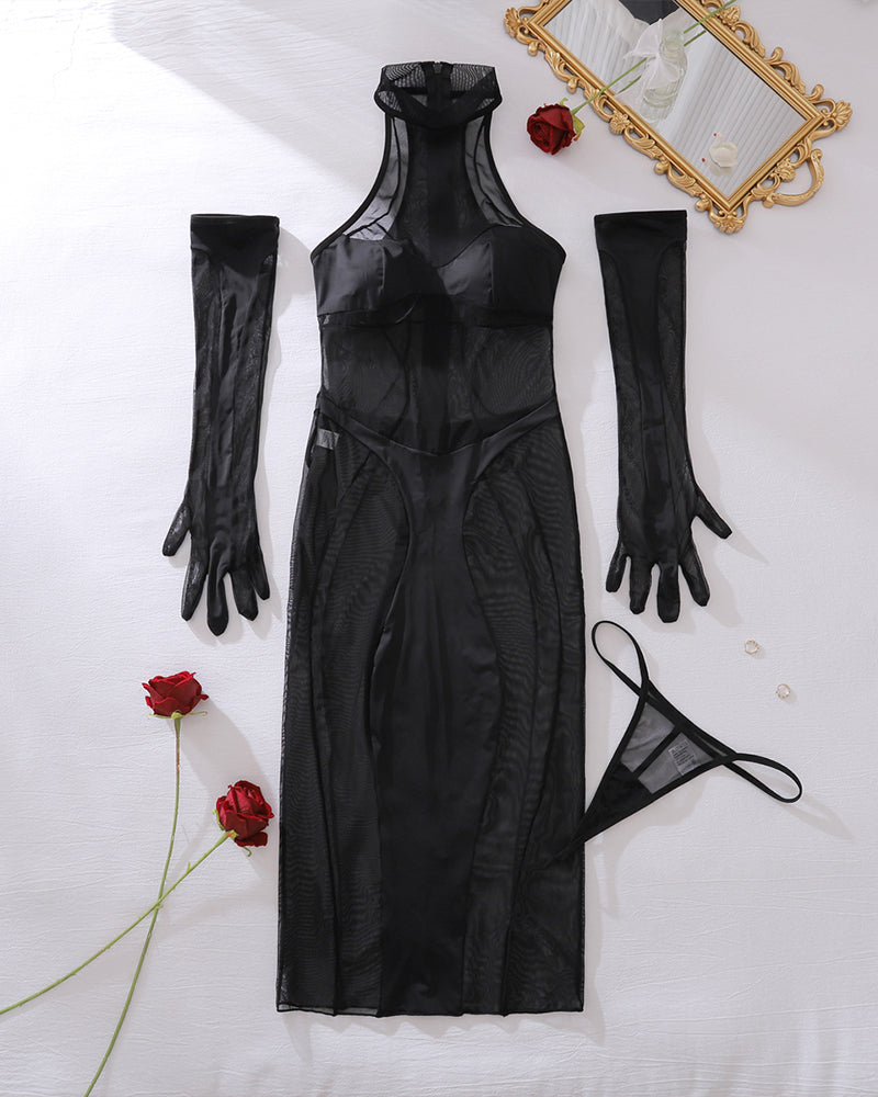 Black sheer mesh dress with long gloves set, strap dress silhouette