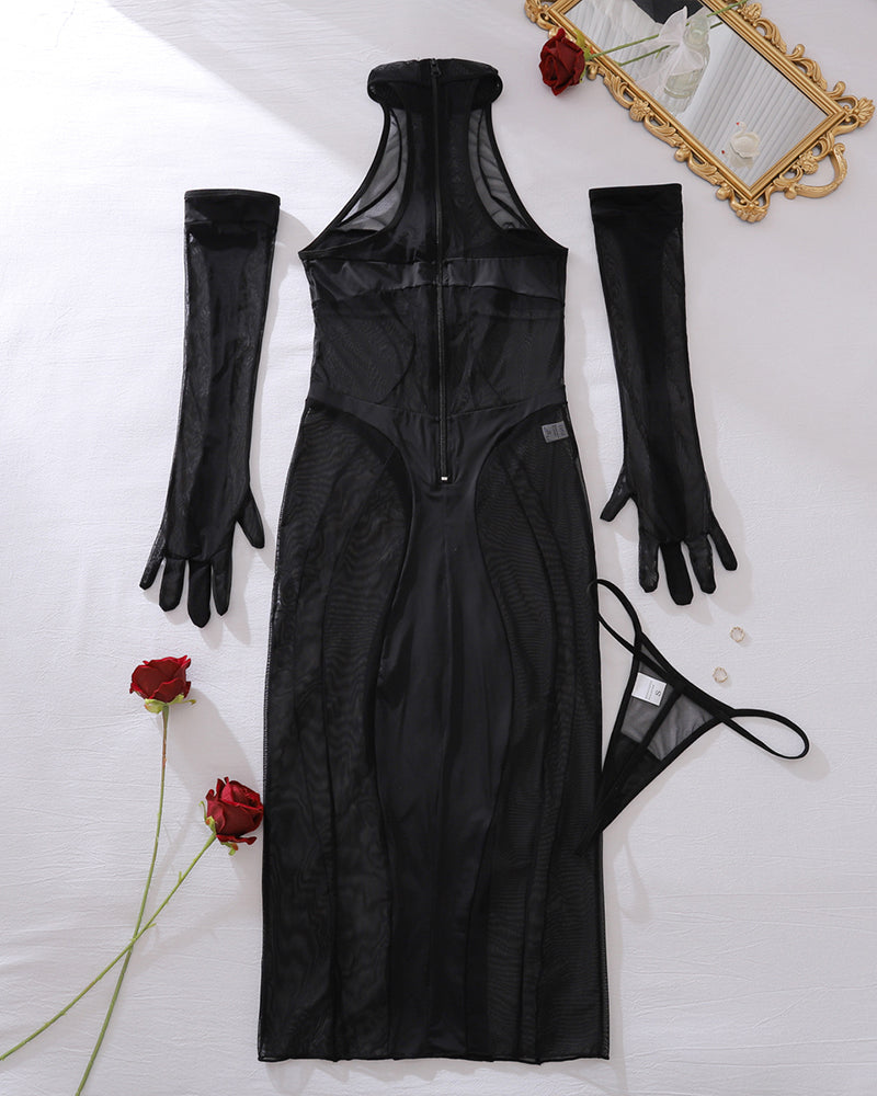 Black sheer mesh dress with long gloves, long-sleeve glove pair included
