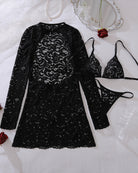 Black lace 3-piece set flat lay: long-sleeve top, mini skirt, and triangle bikini