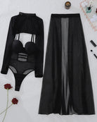 Black mesh lingerie set with long-sleeve bodysuit and long sheer skirt, flat lay